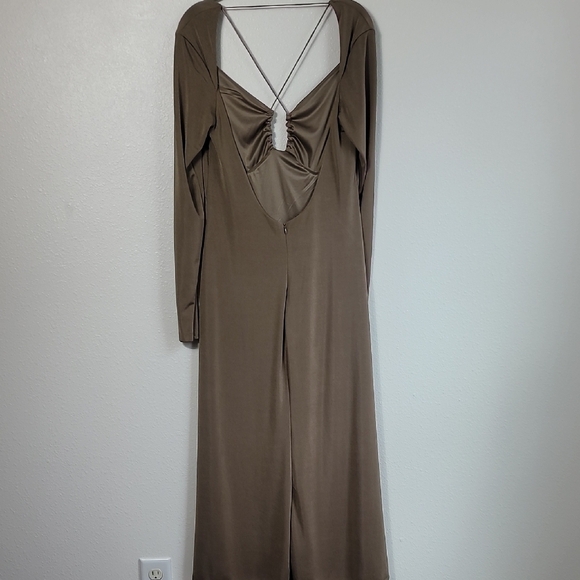 Jason Wu Engracia Plunge Long Sleeve Midi Dress Size L Tan Formal Low Back Bodyc - Picture 6 of 16